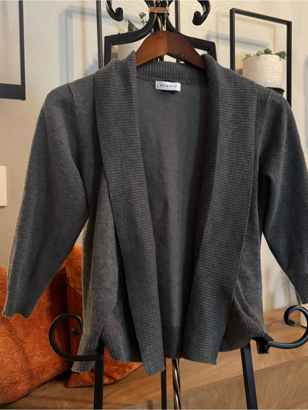 Women's Dark Gray Open-Front Ribbed Shawl Cardigan